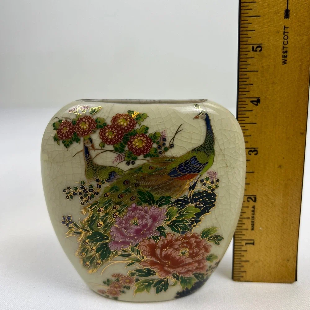 Asahi Vase Peacock Peony 4.25in Cream Crackle Glaze Gold Gilt Excellent Japan